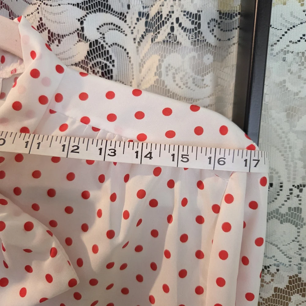 VINTAGE 60s White Blouse with Red Mini Mouse Style Polka Dots & Bow Neck
